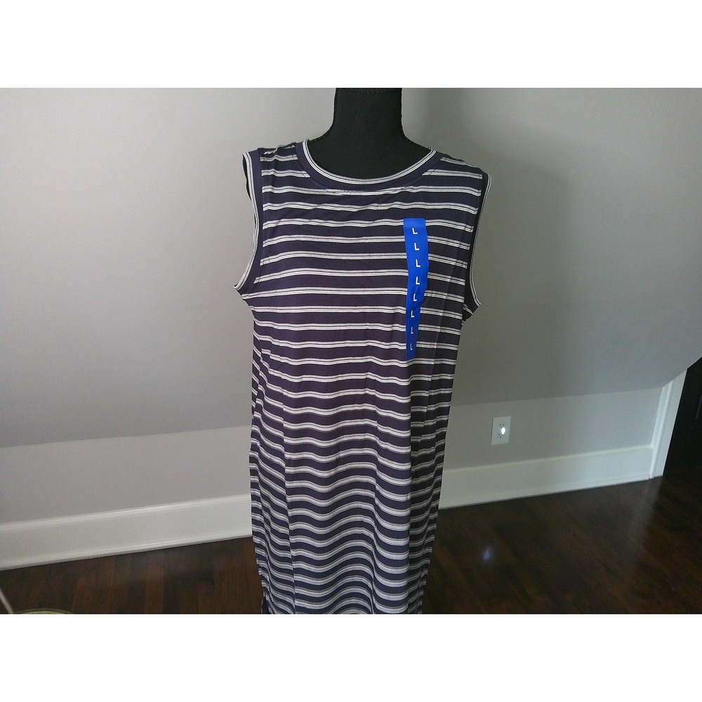 Hilary Radley Midi Dress Womens Large Navy Blue NWT Striped Sleeveless Tank Slit